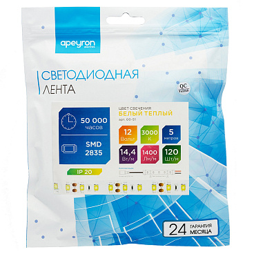 Лента светодиодная SMD 2835 Apeyron (000051) 3000К 72 Вт 12 В IP20 5 м