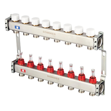 Коллекторная группа с расходомерами Rommer 1 ВР(г) х 8 выходов 3/4 НР(ш) ЕК х 1 ВР(г)