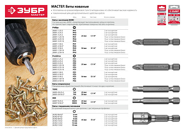 Биты ЗУБР ″Мастер″, тип хвостовика E 1/4″, 50мм, HEX4, 2шт
