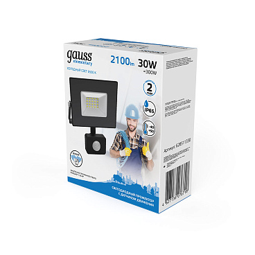 Прожектор светодиодный Gauss Elementary-S ДО-30 6500К 30 Вт IP65 с датчиком движения черный