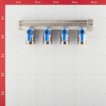 Коллектор Henco 3/4 ВР(г) х 4 выхода 3/4 НР(ш) ЕК х 3/4 НР(ш) с шаровыми кранами (VB050504-BLAUW)
