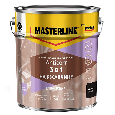 Грунт-эмаль по ржавчине 3в1 Masterline Anticorr черная RAL 9005 глянцевая 5 л