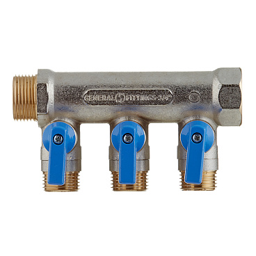 Коллектор Stout 3/4 ВР(г) х 3 выхода 1/2 НР(ш) х 3/4 НР(ш) с шаровыми кранами (SMB 6211 341203)