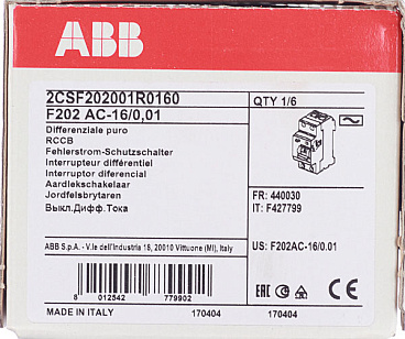 УЗО ABB S F202 16А 1P+N тип AC 10 мА 10 кА (2CSF202001R0160)