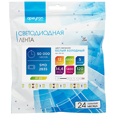 Лента светодиодная SMD 2835 Apeyron (000052) 6500К 72 Вт 12 В IP20 5 м