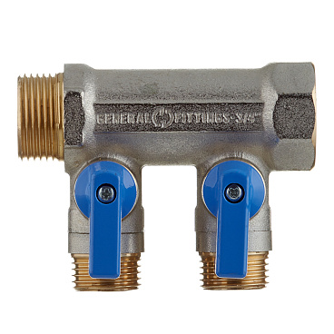 Коллектор Stout 3/4 ВР(г) х 2 выхода 1/2 НР(ш) х 3/4 НР(ш) с шаровыми кранами (SMB 6211 341202)