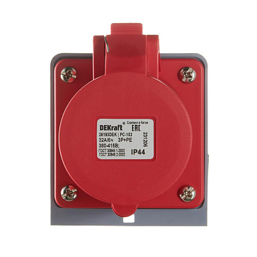 Розетка силовая угловая настенная Dekraft РС-103 с заземлением 3P+PE 3 фазы 32 А 380 В IP44 красная (26193DEK)