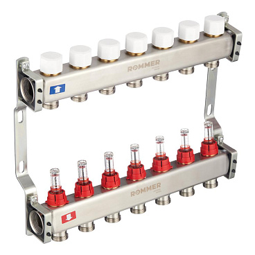 Коллекторная группа с расходомерами Rommer 1 ВР(г) х 7 выходов 3/4 НР(ш) ЕК х 1 ВР(г)