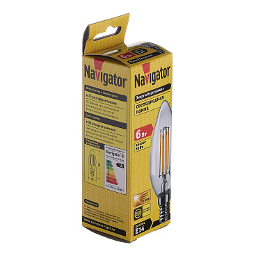 Лампа светодиодная филаментная Navigator E14  2700К 6 Вт 650 Лм 220 В свеча прозрачная