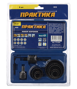 Набор коронок Практика (773-262) по дереву d19-64 мм с переходником (8 шт.)