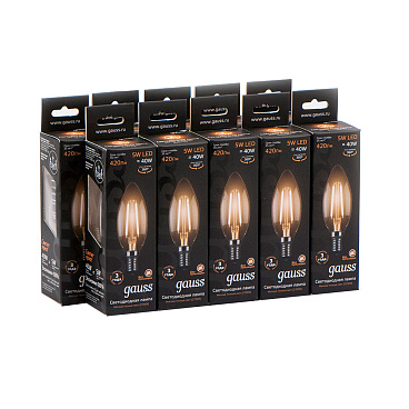 Лампа светодиодная филаментная Gauss E14  2700К 5 Вт 420 Лм 150-265 В свеча прозрачная (10 шт.)
