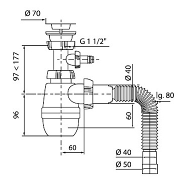 Сифон для раковины и мойки Wirquin Pro 1 1/2х40 мм с выпуском d70 мм с отводом с соединением 40/50 мм (30718030)