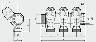 Коллектор Tiemme 3/4 ВР(г) х 2 выхода 3/4 НР(ш) ЕК х 3/4 НР(ш) регулируемый (1860026/1877K50050502)