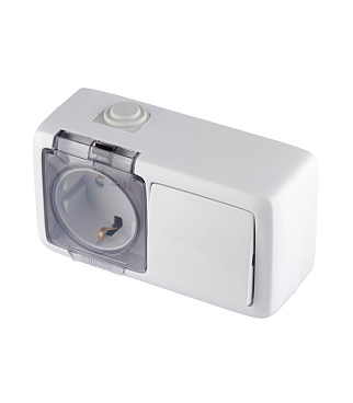 Блок выключатель и розетка Hegel Alfa одноклавишный накладной белый со шторками (БА 16-221)