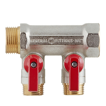 Коллектор Stout 3/4 ВР(г) х 2 выхода 1/2 НР(ш) х 3/4 НР(ш) с шаровыми кранами (SMB 6210 341202)