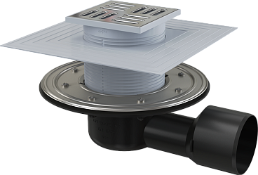 Сливной трап 105 × 105/50/75, подводка – боковая, решетка – нержавеющая сталь, арт.APV3344