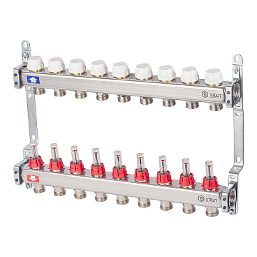 Коллекторная группа с расходомерами нержавеющая сталь Stout 1 ВР(г) х 9 выходов 3/4 НР(ш) ЕК х 1 ВР(г)