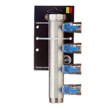 Коллектор Henco 1 ВР(г) х 4 выхода 3/4 НР(ш) ЕК х 1 НР(ш) с шаровыми кранами (VB060504-BLAUW)