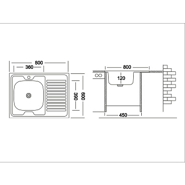 Мойка для кухни Ukinox Nord 80х60х13 см накладная с крылом сталь (Nr 800х600 0,4 L)