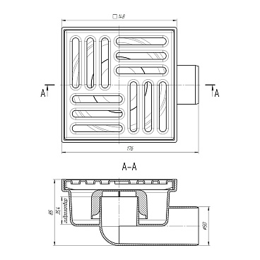 Трап душевой горизонтальный АНИ пласт с гидрозатвором 150х150 мм d50 мм решетка из нержавеющей стали (TA5112)