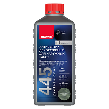 Антисептик Neomid 445 декоративный для дерева биозащитный концентрат 1:9 1 кг зеленый мох