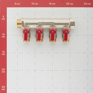 Коллектор Stout 3/4 ВР(г) х 4 выхода 1/2 НР(ш) х 3/4 НР(ш) с шаровыми кранами (SMB 6210 341204)