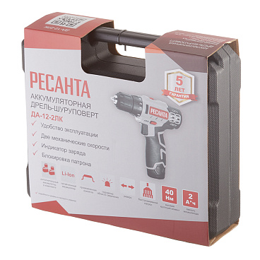 Дрель-шуруповерт аккумуляторная Ресанта ДА-12-2ЛК 12 В 2 Ач Li-Ion 2 АКБ и ЗУ (75/14/2)