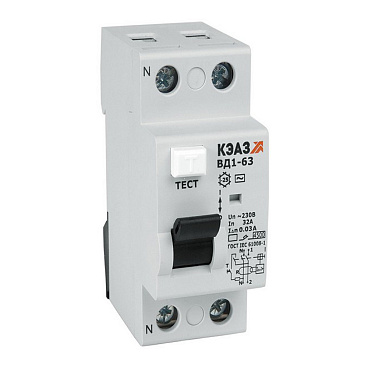 УЗО КЭАЗ OptiDin ВД1-63 25А 1P+N тип AC 30 мА 4,5 кА (221903)