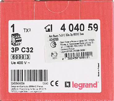Автоматический выключатель модульный Legrand TX3 3P 32А тип C 6 кА 400 В (404059)