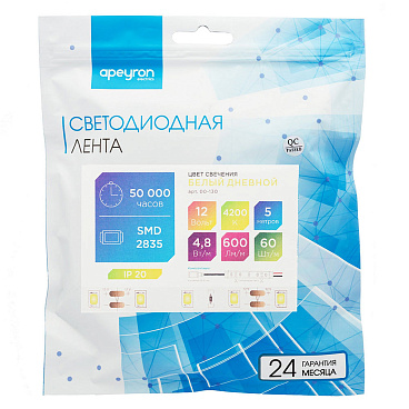Лента светодиодная SMD 2835 Apeyron (000130) 4000К 48 Вт 12 В IP20 5 м