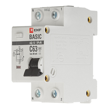 Автомат дифференциальный EKF Basic АД-12 63А 1P+N тип AC 30 мА 4,5 кА (DA12-63-30-bas)