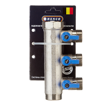 Коллектор Henco 1 ВР(г) х 3 выхода 3/4 НР(ш) ЕК х 1 НР(ш) с шаровыми кранами (VB060503-BLAUW)