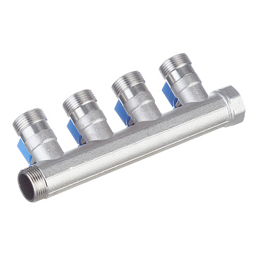 Коллектор Henco 3/4 ВР(г) х 4 выхода 3/4 НР(ш) ЕК х 3/4 НР(ш) с шаровыми кранами (VB050504-BLAUW)