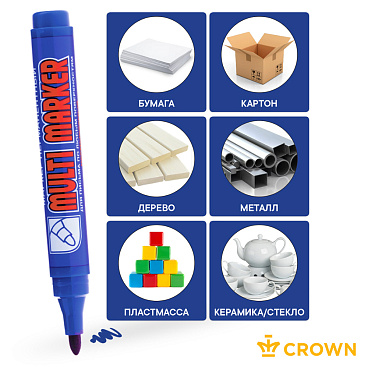 Маркер перманентный Crown Multi Marker синий грифель 3 мм