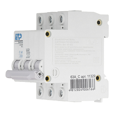 Автоматический выключатель модульный ETP ВА 47-63 3P 63А тип C 4,5 кА 400 В (11329)