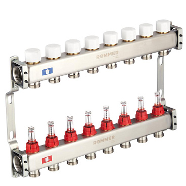 Коллекторная группа с расходомерами Rommer 1 ВР(г) х 8 выходов 3/4 НР(ш) ЕК х 1 ВР(г)