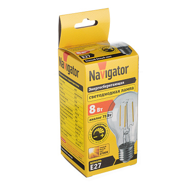 Лампа светодиодная Navigator E27 2700К 8 Вт 800 Лм 220 В груша A60 прозрачная диммируемая