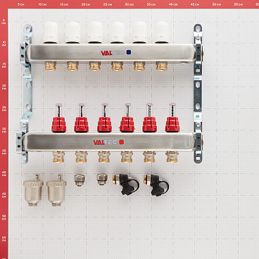 Коллекторная группа с расходомерами нержавеющая сталь Valtec 1 ВР(г) х 6 выходов 3/4 НР(ш) ЕК х 1 ВР(г)