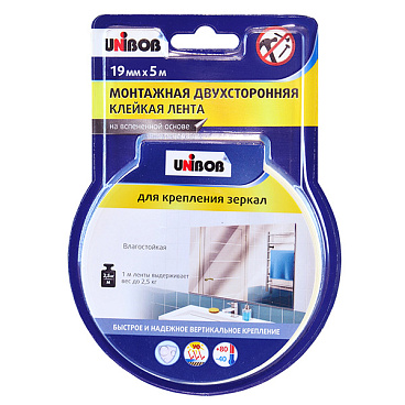 Лента клейкая монтажная для зеркал Unibob двусторонняя 19 мм 5 м
