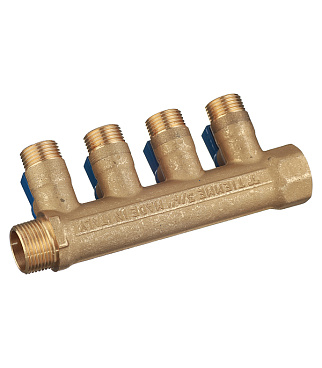 Коллектор Tiemme 3/4 ВР(г) х 4 выхода 1/2 НР(ш) ЕК х 3/4 НР(ш) с шаровыми кранами (1820039/1820016)