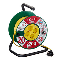 Удлинитель Союз с заземлением 20 м на катушке 2,2 кВт 4 розетки ПВС 3х0,75 кв.мм IP20