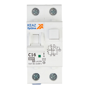 Автомат дифференциальный КЭАЗ OptiDin D63 16А 1P+N тип AC 30 мА 4,5 кА (328098)