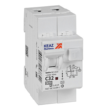 Автомат дифференциальный КЭАЗ OptiDin D63 32А 1P+N тип AC 100 мА 4,5 кА (328108)
