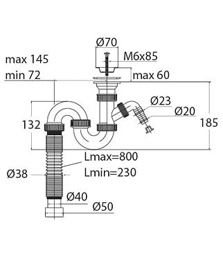Сифон для раковины и мойки Wirquin Virplast 1 1/2х40 мм с выпуском d70 мм с соединением 40/50 мм с отводом (30980698)
