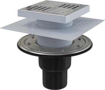 Сливной трап 150 × 150/50/75, подводка – прямая, решетка – нерж. сталь, фланец –нерж., арт.APV4444