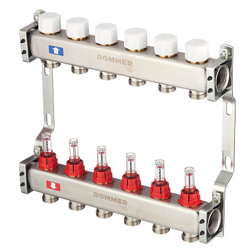 Коллекторная группа с расходомерами Rommer 1 ВР(г) х 6 выходов 3/4 НР(ш) ЕК х 1 ВР(г)