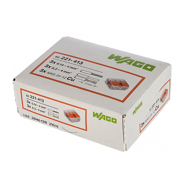 Клемма на 3 провода Wago 221-413 0,2-4 кв.мм с рычажками без пасты (50 шт.) (ЦБ-00015765/808442)
