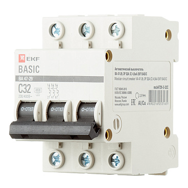 Автоматический выключатель модульный EKF Basic ВА 47-29 3P 32А тип C 4,5 кА 400 В (mcb4729-3-32C)