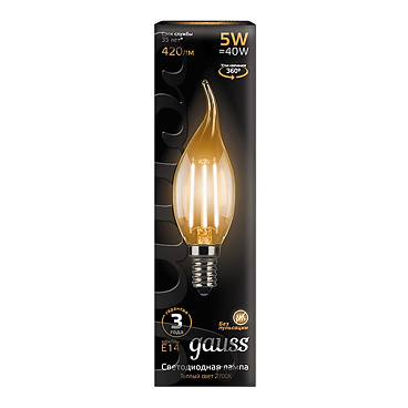 Лампа светодиодная филаментная Gauss E14  2700К 5 Вт 420 Лм 150-265 В свеча на ветру прозрачная (10 шт.)