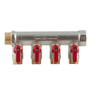 Коллектор Stout 3/4 ВР(г) х 4 выхода 1/2 НР(ш) х 3/4 НР(ш) с шаровыми кранами (SMB 6210 341204)